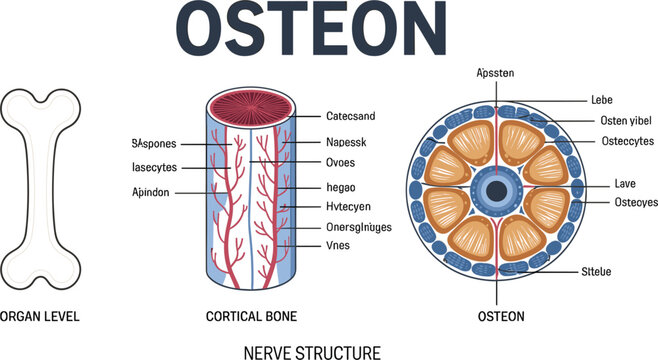 Osteon Structure Anatomy Diagram Showing Cortical Bone, Nerve Structure, Blood Vessels, Lacunae, Osteocytes, and Compact Bone Components for Education