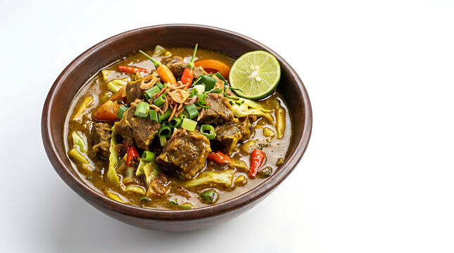 A bowl of Tongseng Kambing with curry sauce on a table indoors