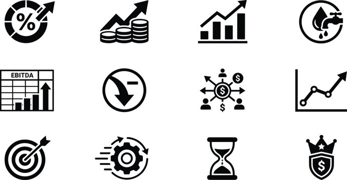 Corporate Finance Performance Metrics and Business Revenue Analytics Indicator Icon Set For Financial Dashboard Vector Illustration Style