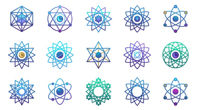 Atomic and molecular geometric star symbol icons