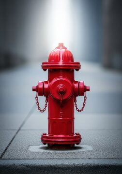 Vibrant red metal fire hydrant stands firmly on a textured concrete sidewalk, ensuring emergency water access in a clean urban environment, infrastructure, street, connection