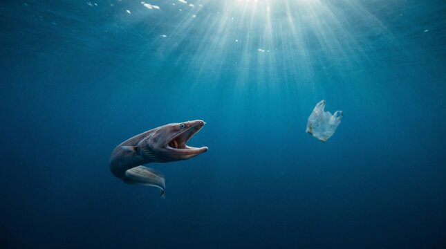 Underwater scene of fish interacting with ocean plastic waste