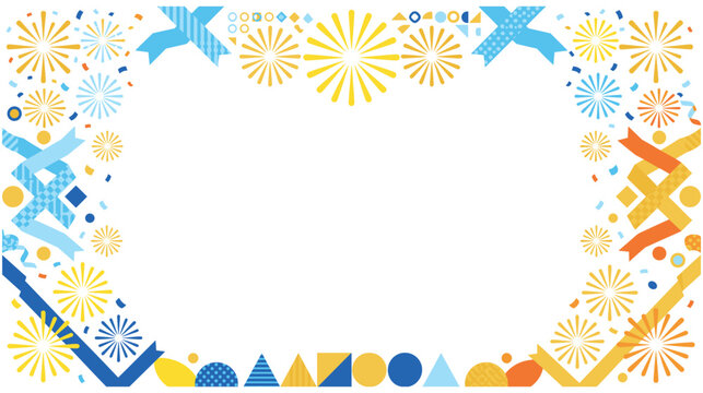 Colorful festive abstract border with fireworks and ribbons.