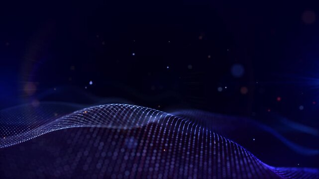 Abstract blue particle wave landscape with glowing dots, futuristic digital data flow, smooth technology background, cinematic depth of field, 4k, 60 fps, HUD, loop