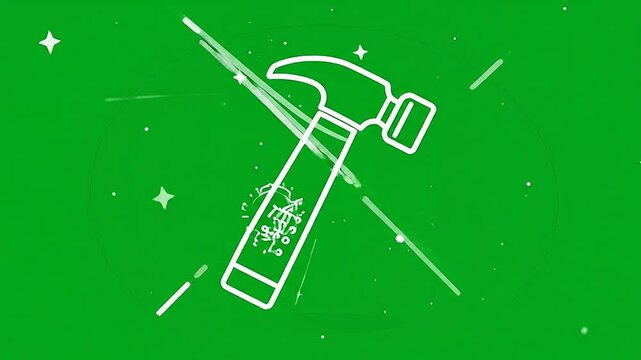 A simple white line art illustration of a construction hammer on a solid green background