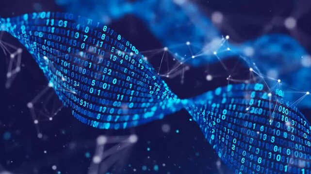 A digital representation of a double helix structure made of binary code