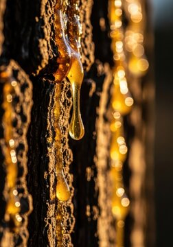 A macro shot captures thick golden resin dripping slowly down textured tree bark, glowing under warm sunlight with a sticky, viscous shine, thick, spruce, nature