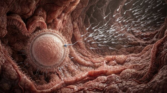 Cellular genesis commencement: human reproduce, life journey, sperm navigate, fertilize process, early embryo, female system, internal view, cell division.