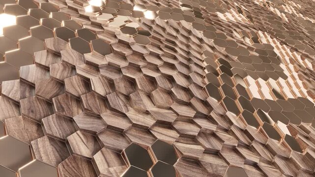 Abstract 3D animation seamless looping background of moving hexagonal tiles with natural wood texture and reflective rose gold metallic edges, creating a premium wavy geometric surface.
