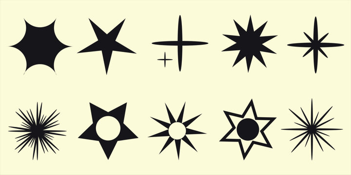 Retro futuristic sparkle icons collection. Set of star shapes. Abstract cool shine effect sign vector design.