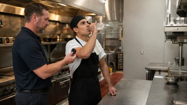 Restaurant Safety Manager Checks Worker Heat Monitor During Hydration Break in Busy Commercial Kitchen