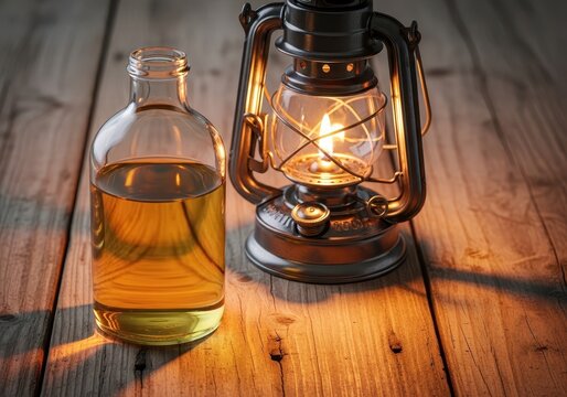 A clear glass bottle filled with purified liquid lamp oil sits on a rustic wooden surface next to a vintage metal lantern with a warm glow, container, glass, domestic