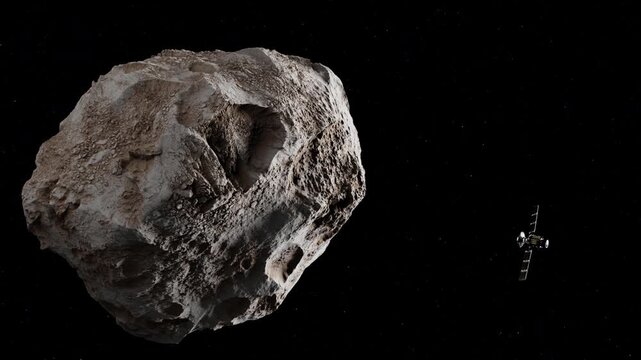 Satellite in Space passing asteroid