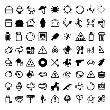 Icons set with an 8x8 grid of 64 minimalist black and white symbols featuring household items, weather conditions, safety signs with precision lines and symmetrical layout