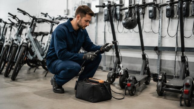 Electrical maintenance technician inspecting charging cables at a shared micromobility depot with electric bikes and scooters in organized rows