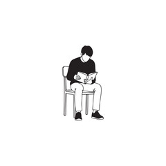 Black and white illustration of a student sitting on a chair reading a book with education learning knowledge literature lifestyle studentlife academic university relaxing studious training