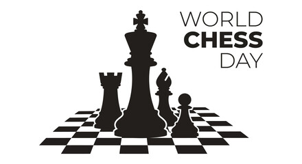 Chess pieces silhouette on checkered board a graphic for world chess day celebrations © Amana Khan
