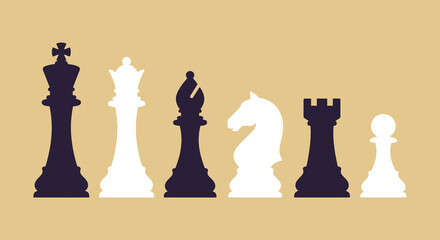 Chess Pieces Silhouette Collection In Dark And Light Tones Against A Yellow Background  © Amana Khan