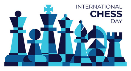 Geometric chess pieces illustration with blue and teal color scheme celebrating international chess day © Amana Khan