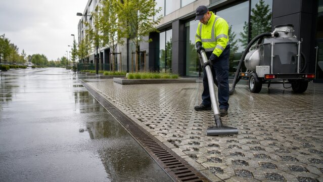 Municipal Worker Cleaning Permeable Pavement with Vacuum Equipment Outside a Modern Commercial Building