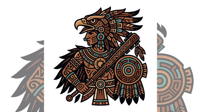 Aztec eagle warrior profile illustration on white background.