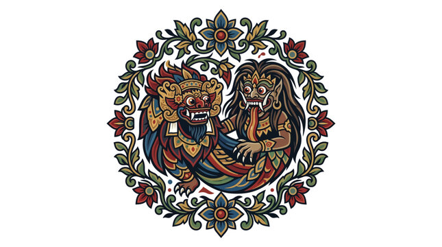 Balinese Barong and Rangda in circular floral wreath.