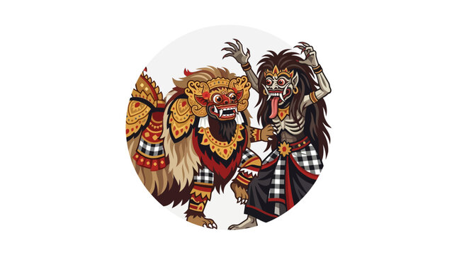 Balinese Barong and Rangda mythological dance illustration.
