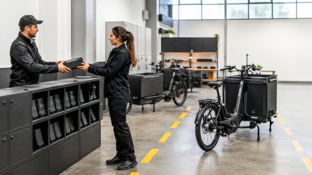 Delivery Fleet Technician Exchanging Removable Ebike Battery at Organized Indoor Swap Station for Urban Logistics Photography