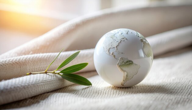 Close up of elegant olive branch and white world globe model for International Day of Peace banner