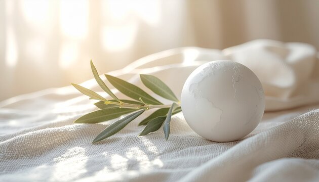 Small white planet globe and green olive branch on textured fabric background for International Day of Peace