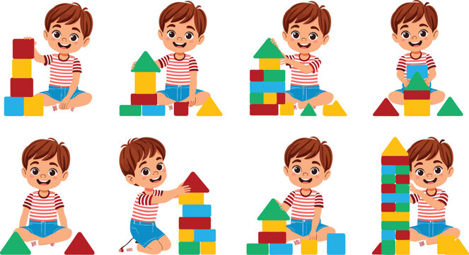 Cute Cartoon Boy Character Set Playing and Building Towers with Colorful Wooden Toy Blocks for Kids Educational Puzzles Games and Preschool Designs