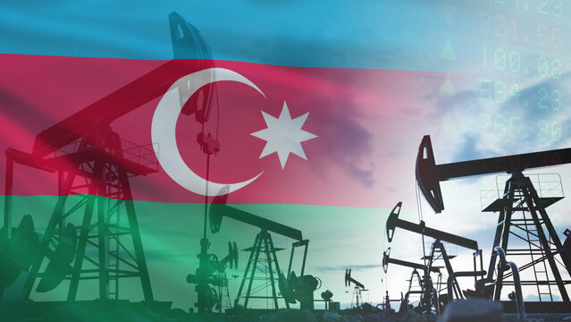 Crude oil pumping platforms, financial data sheets, and the Azerbaijani flag. The volatile energy market in Azerbaijan, the role of oil exports, and their impact on international trade and economics.