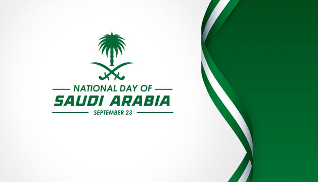 Elegant 96th Anniversary Saudi Arabia National Day 2026 Celebration Banner with Modern Typography Design and Green-White Waving Ribbon and Copy Space. Best for Greeting Card, Banner, Background