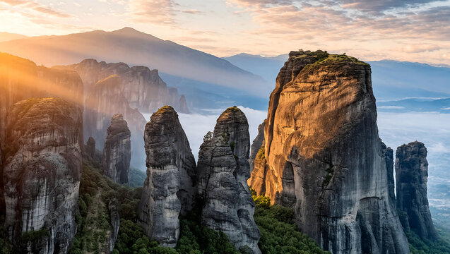 Majestic Meteora Sandstone Pillars Glowing at Sunrise Above a Misty Valley