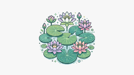 Colorful water lily and lily pad illustration set. © Andini