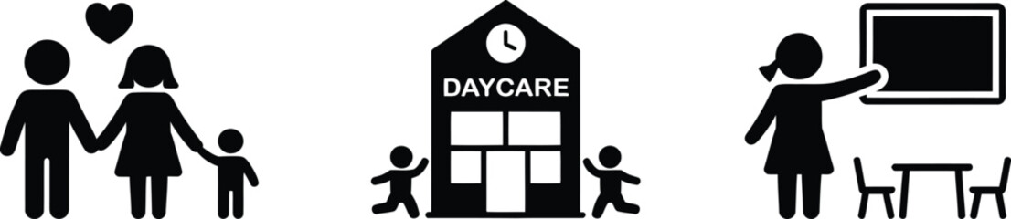 Daycare education icon set with family holding hands kindergarten school building and teacher pointing at blackboard vector linear illustration. © Sumaiya
