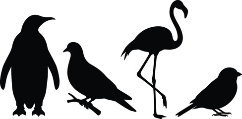 Obraz premium Bird Silhouette Collection with Penguin Flamingo Dove and Songbird Vector Set Isolated on White