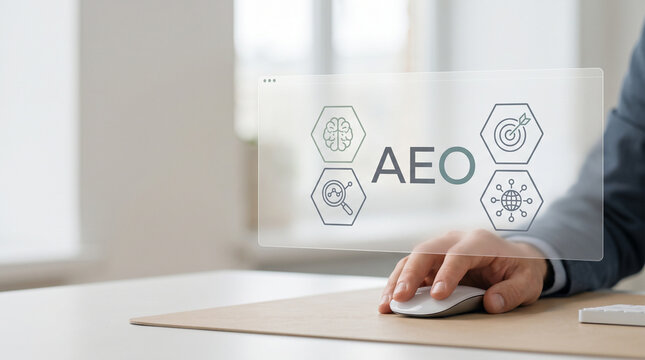 Businessman hand using mouse with AEO text and icons dashboard, smart search, AI answers and data analysis in modern office