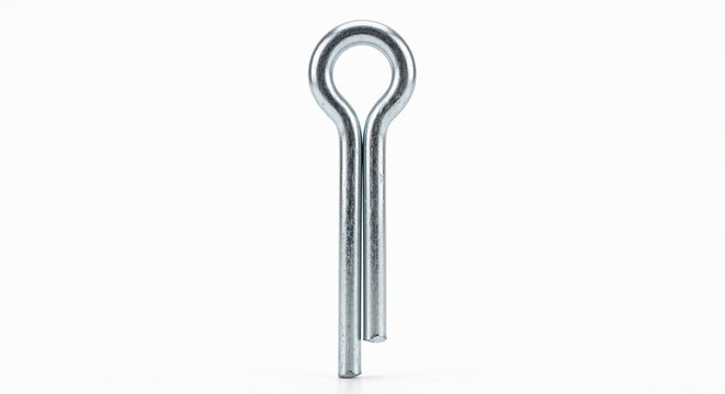 Macro of a heavy-duty zinc-plated steel cotter pin for 4x4 recovery shackles. Industrial off-road hardware isolated on a pure white background.