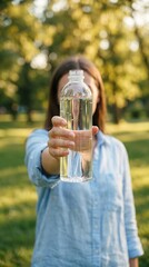 Fototapeta premium A young woman holding a clear plastic bottle of pure drinking water, with a sunny, blurred park in the background.