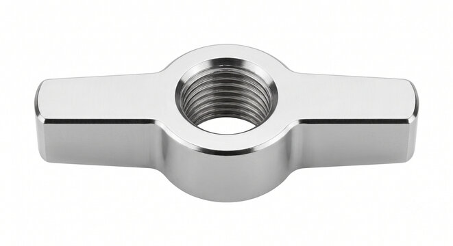 Extreme macro of a polished metallic T-shaped tripod locking wingnut. Cinematography grip hardware isolated on a pristine pure white background.