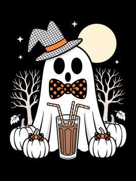 A cartoon ghost wears a checkered hat and polka dot bow tie. It stands amidst pumpkins, enjoying a milkshake under the moonlight.