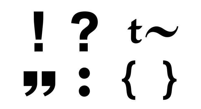 Black punctuation marks and typography symbols set on white background