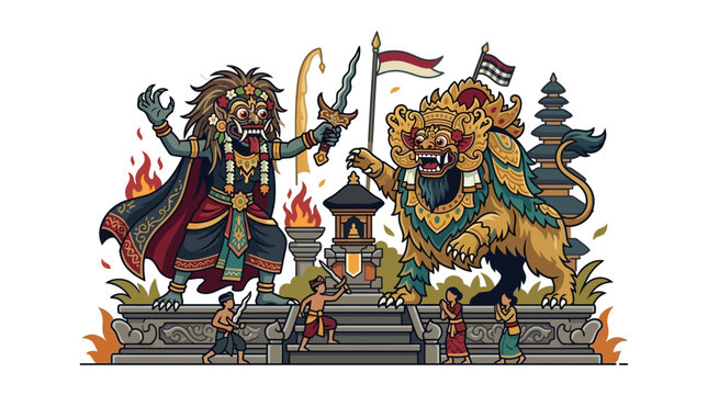 Barong and Rangda mythological battle illustration.