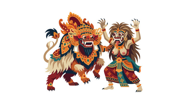 Barong and Rangda mythological characters in active pose.