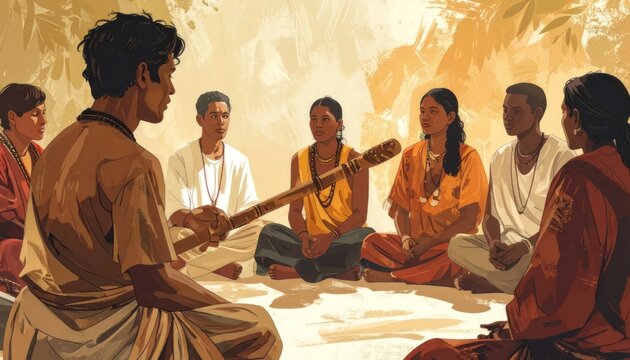 Diverse group of people sitting in a circle, engaged in a lesson or discussion, with a man holding a musical instrument.