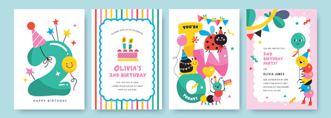 2nd Birthday greeting card and birthday party invitation card with cute little ladybug, snail and caterpillar. © BrixStudioIN