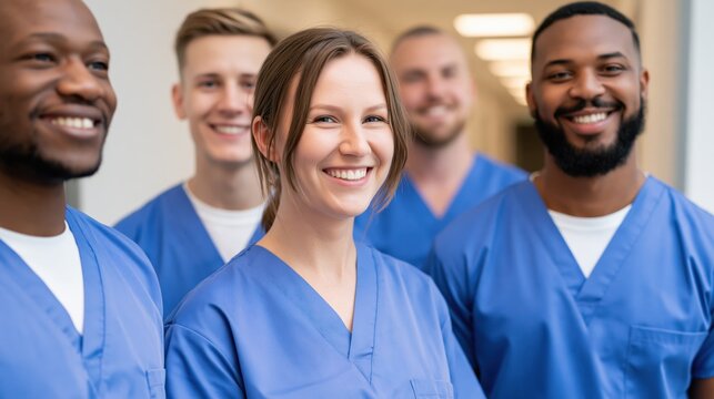 Diverse group of smiling healthcare professionals in matching blue scrubs