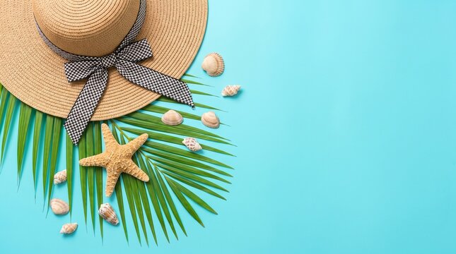 Tropical summer vacation flat lay with straw hat and starfish, beach accessories on bright blue background, palm leaf with seashells and copy space
