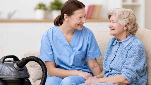 Home health aide and senior woman smiling while discussing household chores